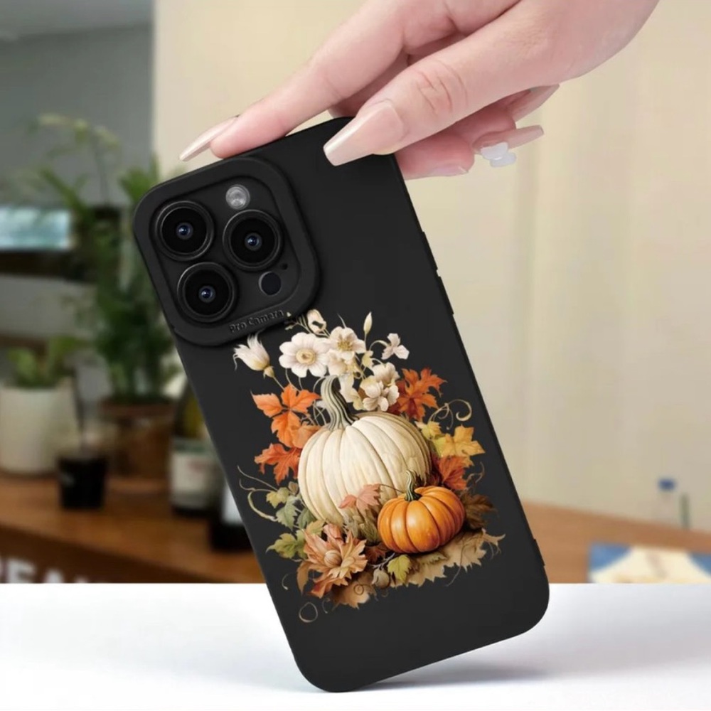 Apple iPhone Phone Case Autumn Scene Pumpkins Flowers Black TPU